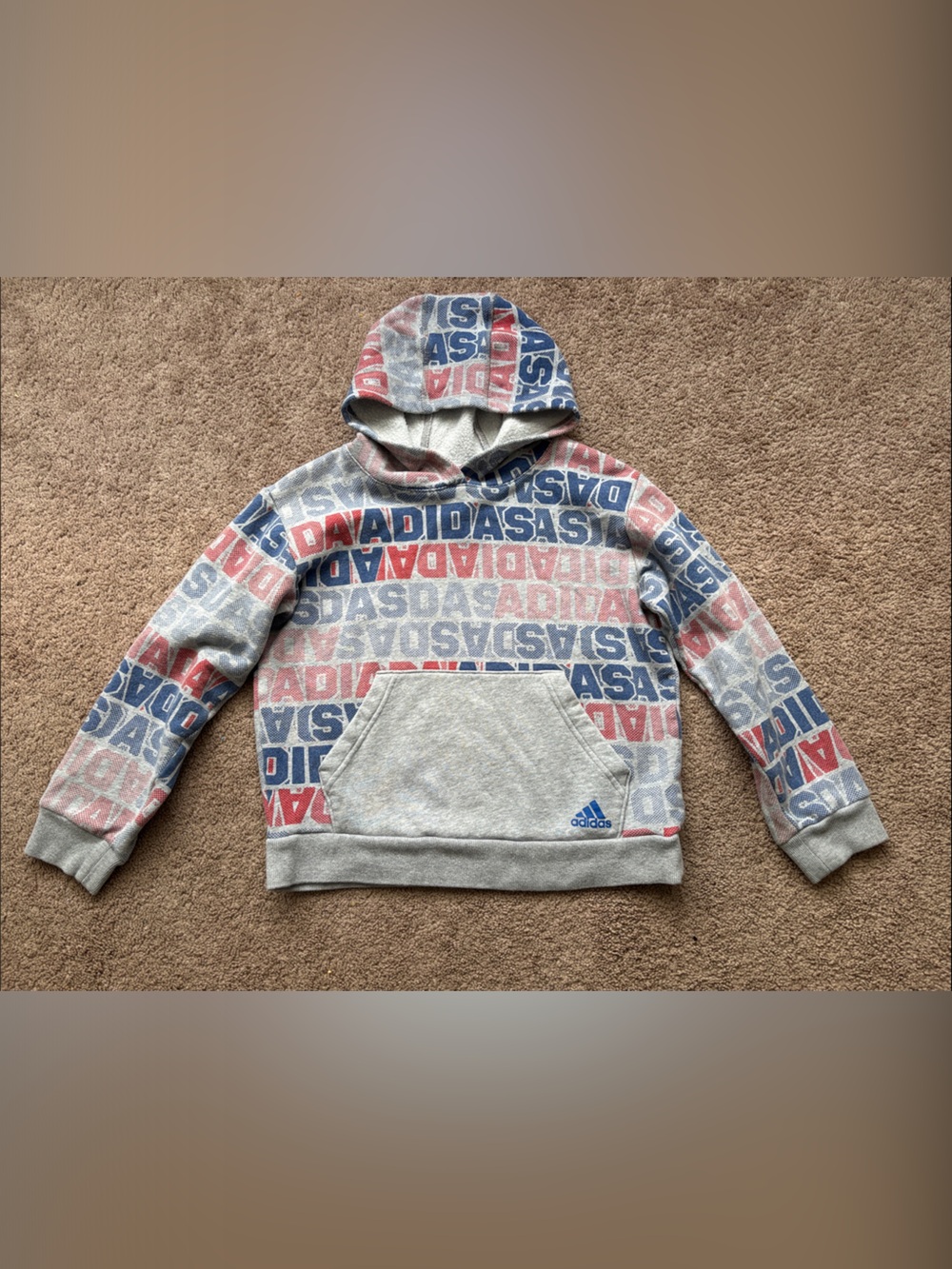 adidas Kids Grey Hoodie with Red & Blue Logo Print Allover